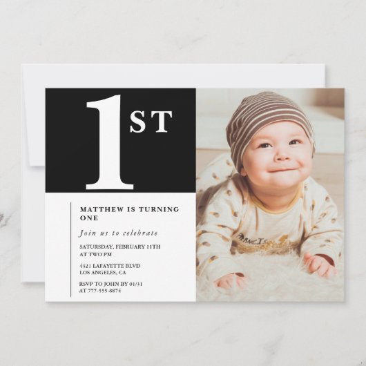 Invitation de 1er anniversaire noir Chic Garçon Ph (Devant)