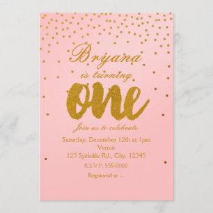 Invitation de 1er anniversaire rose poudré et or a
