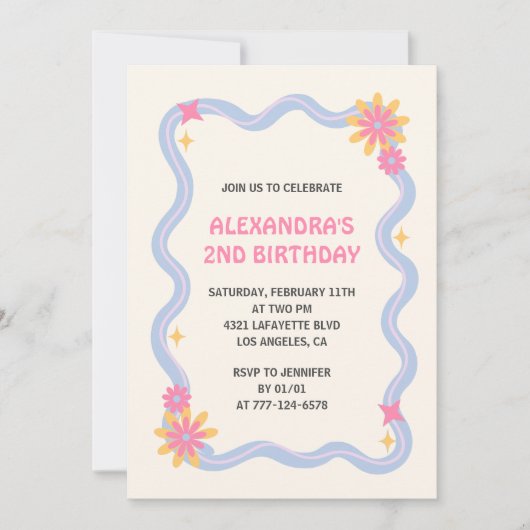 Invitation de 2e anniversaire Retro Super Rose Fle (Devant)