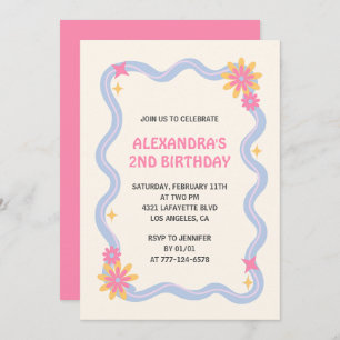 Invitation de 2e anniversaire Retro Super Rose Fle