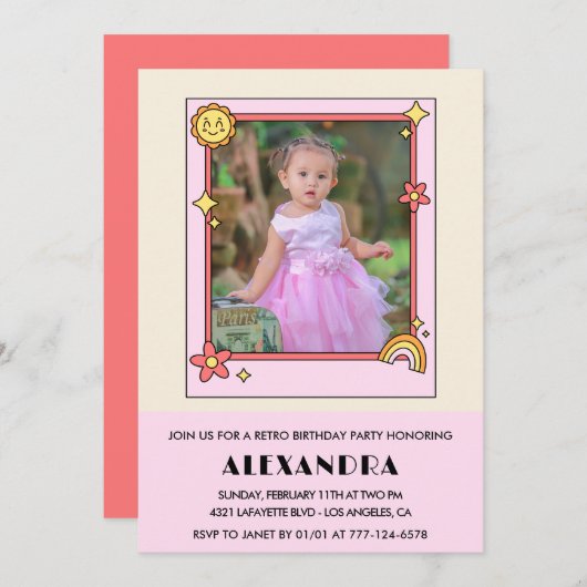 Invitation de 2e anniversaire Retro Super rose flo (Devant / Derrière)