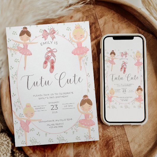 Invitation de 2e anniversaire rose Tutu Cute Balle