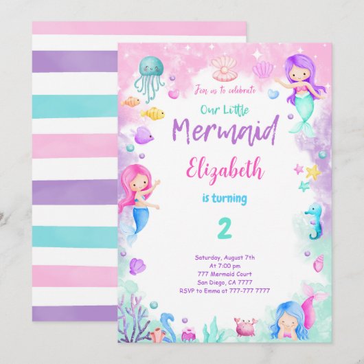 Invitation de 2e anniversaire sirène (Devant / Derrière)