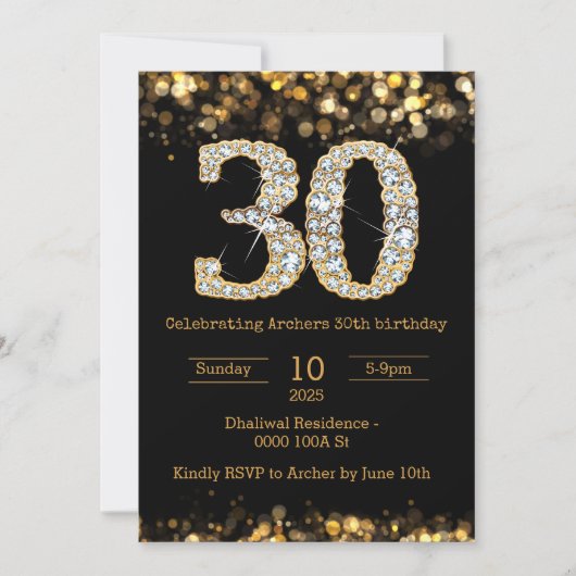 Invitation de 30e anniversaire en or noir (Devant)