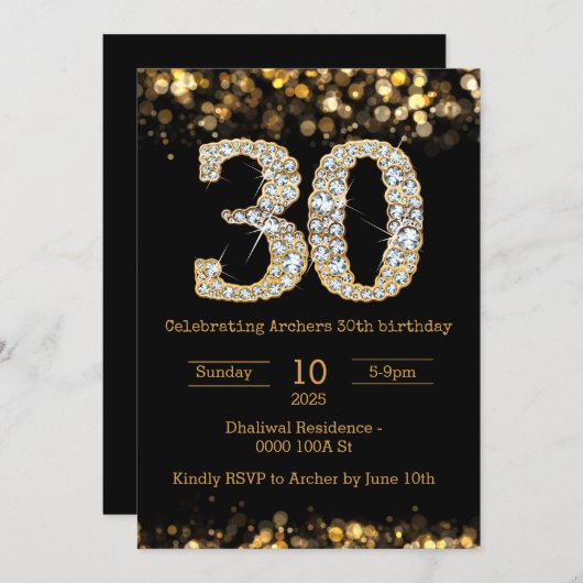 Invitation de 30e anniversaire en or noir (Devant / Derrière)