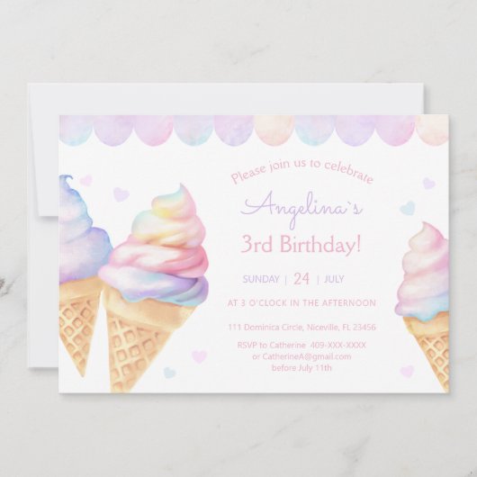 Invitation de 3e anniversaire avec crème glacée. (Devant)