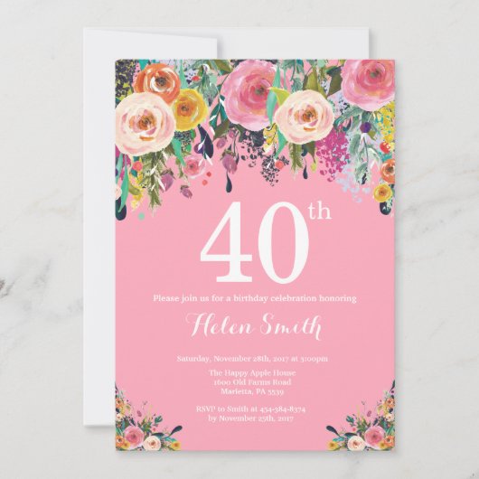Invitation de 40e anniversaire de la florale rose (Devant)