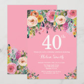 Invitation de 40e anniversaire de la florale rose (Devant / Derrière)