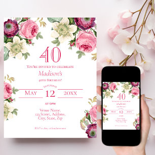 Invitation de 40e anniversaire de la florale rose