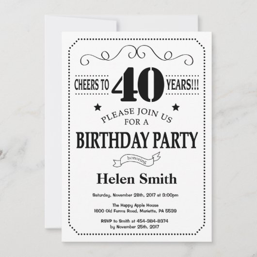 Invitation de 40e anniversaire Noir et blanc (Devant)