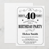 Invitation de 40e anniversaire Noir et blanc (Devant / Derrière)