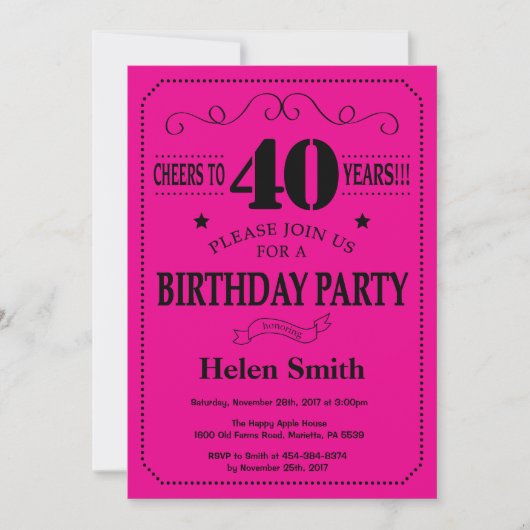 Invitation de 40e anniversaire Noir et rose chaud (Devant)