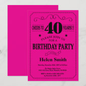 Invitation de 40e anniversaire Noir et rose chaud (Devant / Derrière)