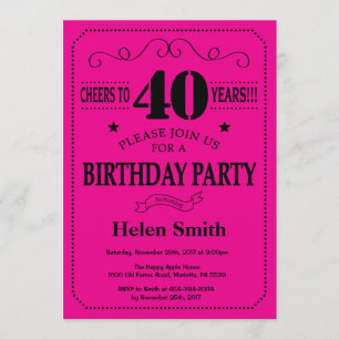 Invitation de 40e anniversaire Noir et rose chaud