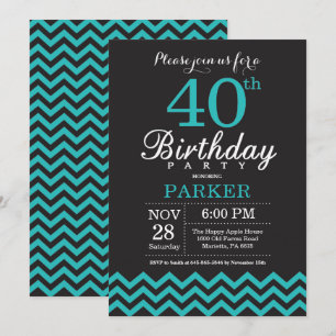 Invitation de 40e anniversaire Noir et Turquoise