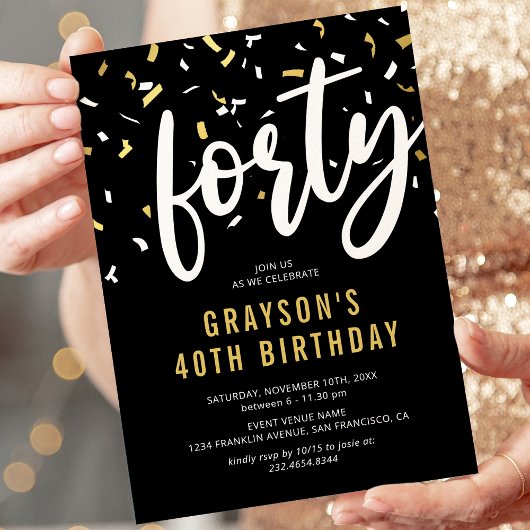 Invitation de 40e anniversaire noir or confettis