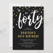Invitation de 40e anniversaire noir or confettis (Devant)