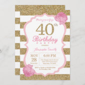 Invitation de 40e anniversaire rose et or Floral (Devant / Derrière)