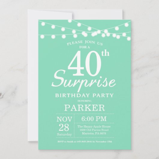 Invitation de 40e anniversaire surprise vert menth (Devant)