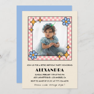 Invitation de 4e anniversaire Retro Super Blue Flo
