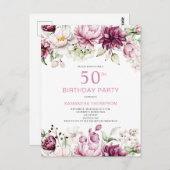 Invitation de 50e anniversaire de la florale rose (Devant / Derrière)