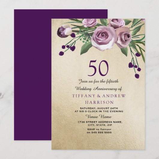 Invitation de 50e anniversaire de mariage Rose Or (Devant / Derrière)