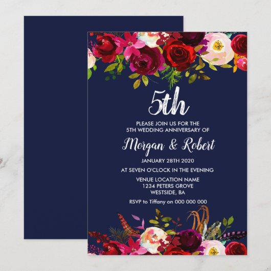 Invitation de 5e anniversaire de mariage à fleurs (Devant / Derrière)