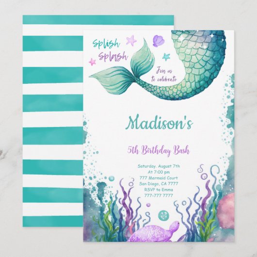 Invitation de 5e anniversaire sirène (Devant / Derrière)