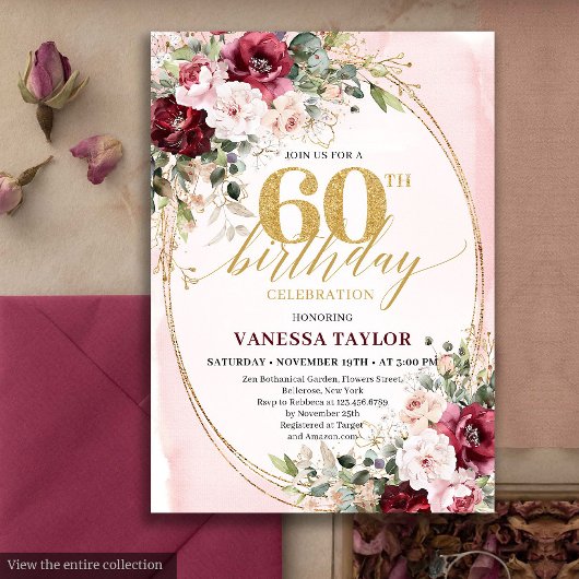 Invitation de 60e anniversaire au blush doré boho