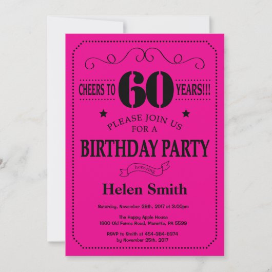 Invitation de 60e anniversaire Noir et rose chaud (Devant)