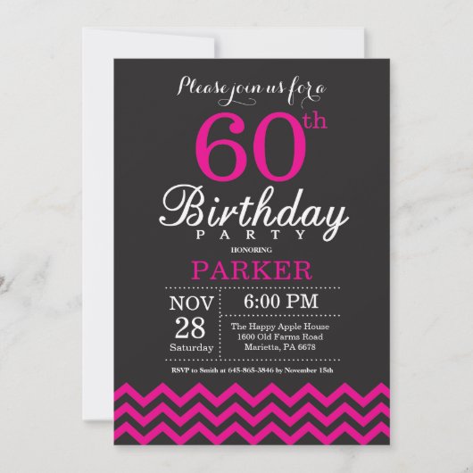 Invitation de 60e anniversaire Noir et rose chaud (Devant)