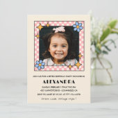 Invitation de 6e anniversaire Retro Super Blue Flo (Debout devant)