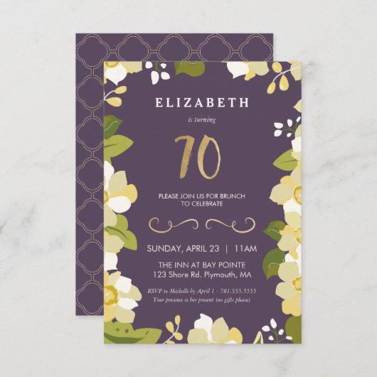 Invitation de 70e Anniversaire, Custom, Floral, Pe (Devant / Derrière)