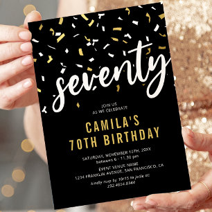 Invitation de 70e anniversaire noir et or avec con