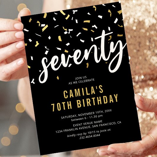 Invitation de 70e anniversaire noir et or avec con