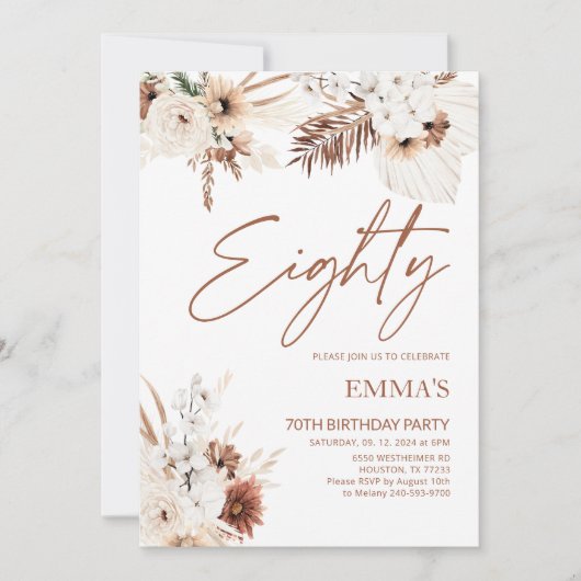 Invitation de 80e anniversaire Boho Pampas (Devant)