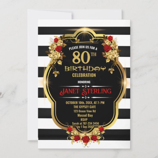 Invitation de 80e anniversaire noir, blanc et or (Devant)