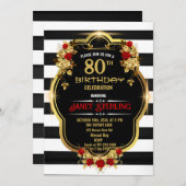 Invitation de 80e anniversaire noir, blanc et or (Devant / Derrière)