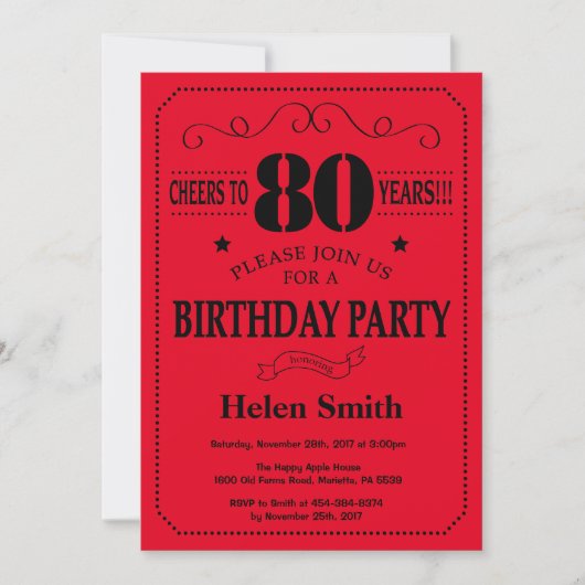 Invitation de 80e anniversaire Noir et Rouge (Devant)