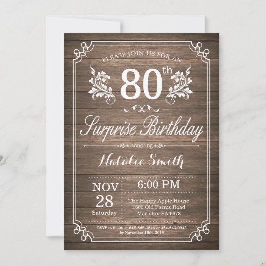 Invitation de 80e anniversaire rustique surprise F (Devant)