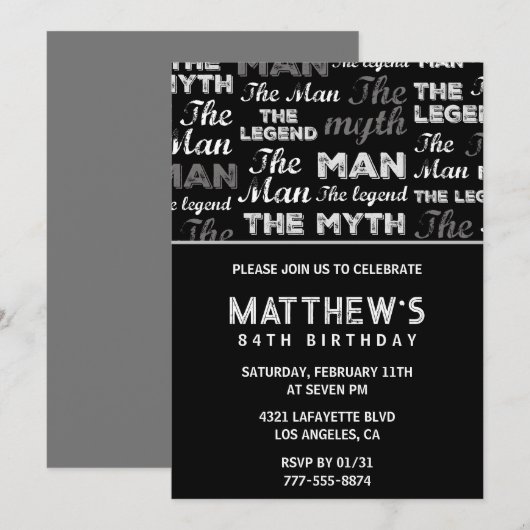 Invitation de 84e anniversaire Noir pour lui Myth  (Devant / Derrière)