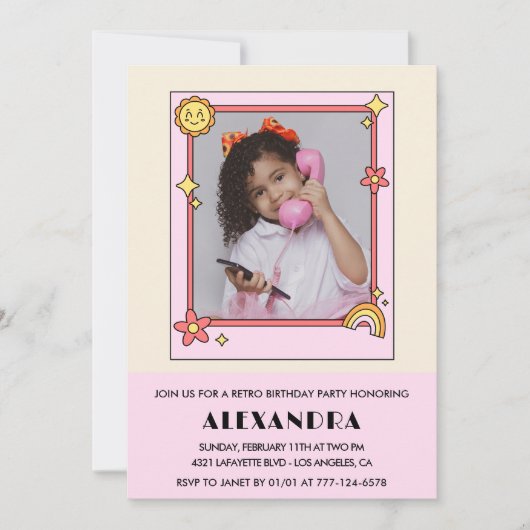 Invitation de 8e anniversaire Retro Super rose flo (Devant)