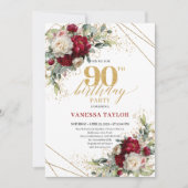 Invitation de 90e anniversaire Luxueuse Fleurs Rou (Devant)