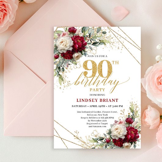 Invitation de 90e anniversaire Luxueuse Fleurs Rou