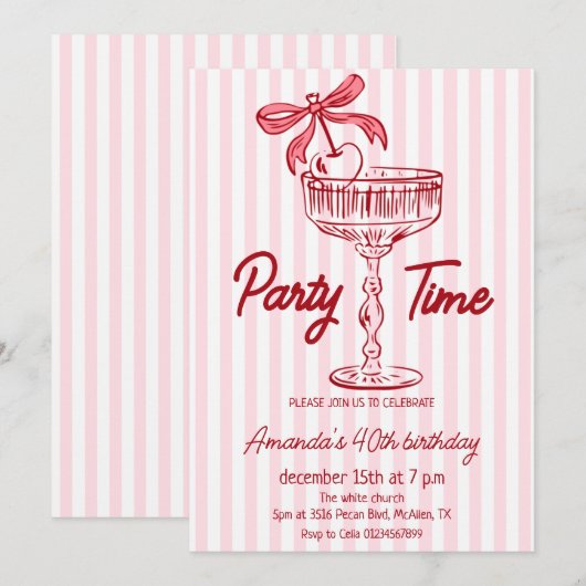 Invitation de anniversaire de cocktail écrite à la (Devant / Derrière)