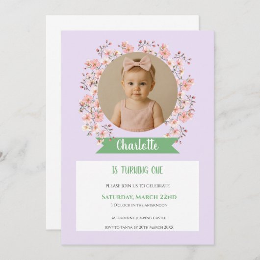 Invitation de anniversaire de fille avec photo flo (Devant / Derrière)