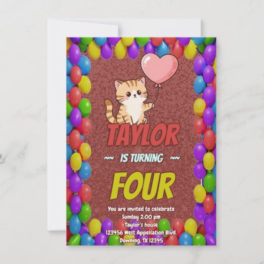 Invitation de anniversaire éditable à thème chat a (Devant)