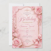 Invitation de anniversaire élégante avec fleurs ro (Devant)