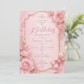 Invitation de anniversaire élégante avec fleurs ro (Debout devant)