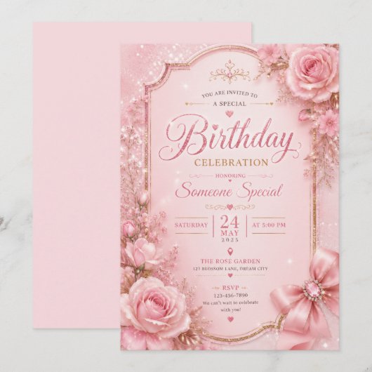 Invitation de anniversaire élégante avec fleurs ro (Devant / Derrière)